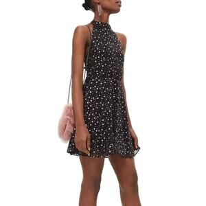 Topshop Black Sparkly Silver Stars Backless Halter Skater Dress Size 8